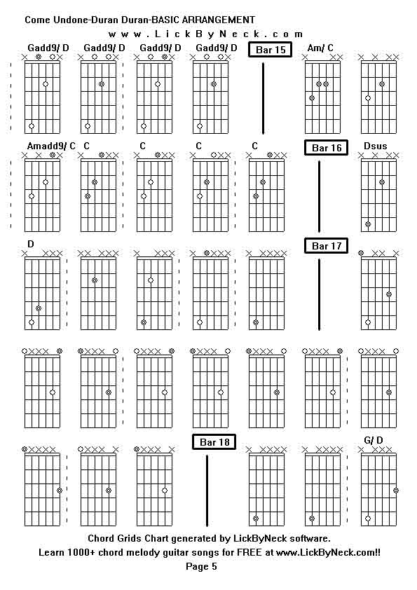 Chord Grids Chart of chord melody fingerstyle guitar song-Come Undone-Duran Duran-BASIC ARRANGEMENT,generated by LickByNeck software.